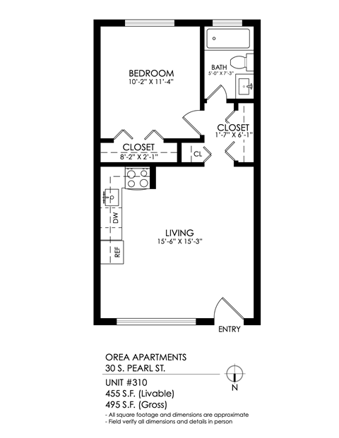 Floor plan for 1 bed, 1 bath, 450 sqft